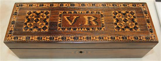 A Tunbridge ware rosewood VR box and a Barton maple pin cushion, 9in.